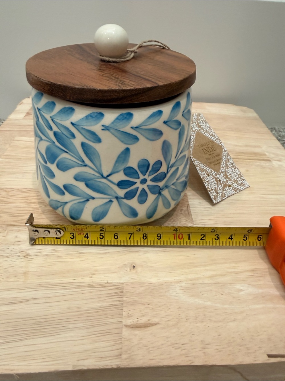 Blue Floral Ceramic Jar with Wooden Lid - Picture 3 of 4